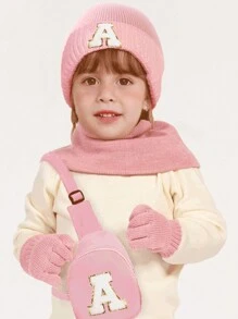 Set de 3 piezas para bebés y niños: Gorro con estampado de 26 letras, guantes y bolsa tipo monedero. Conjunto de ropa de invierno para niñas, apto para uso diario de niñas pequeñas en otoño e invierno. Accesorio de moda con monedero.
