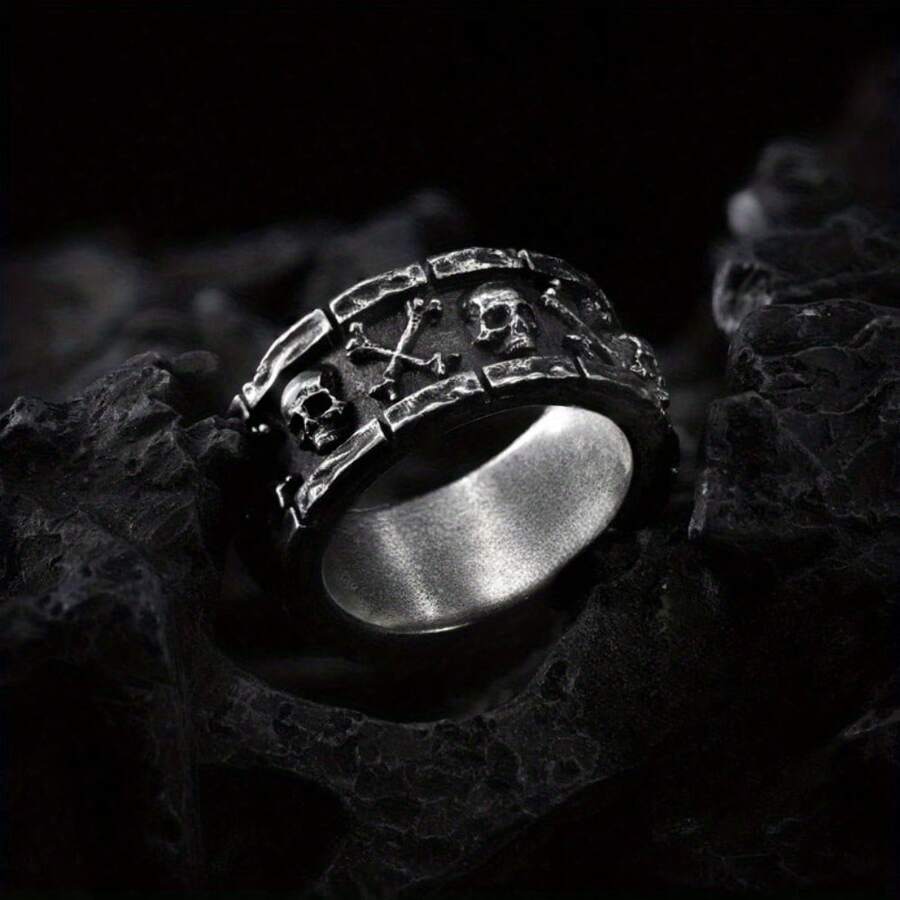 1 chiếc nhẫn đầu lâu cổ điển - Nhẫn đầu lâu Gothic - Nhẫn xe đạp - Nhẫn Viking - Trang sức cướp biển - Màu Bạc Cổ - Xem 1