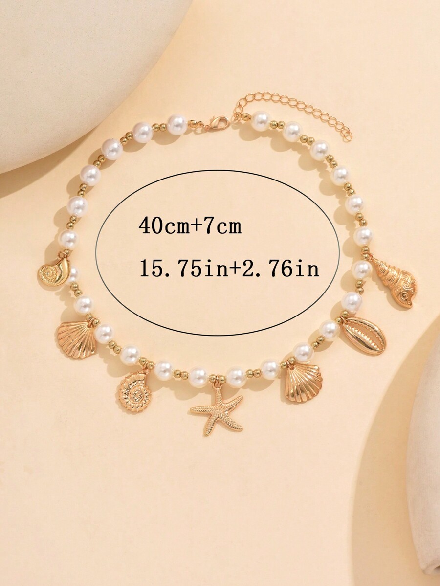 1pc Ocean Style Faux Pearl Beaded Pendant Necklace, Fashionable Women
