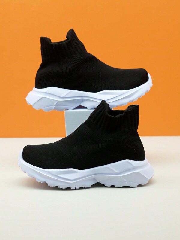 Kids' All Black Casual Sports Shoes, Knitted Slip-On Loafers, Lightweight Athleisure