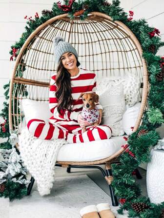 2pcs Knitted Christmas Striped Long Sleeve Pajama Set