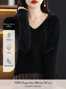 Pull col en V 100% laine mérinos pour femme, pull tricoté sans couture prêt à porter de première ligne pour un usage quotidien décontracté à manches longues