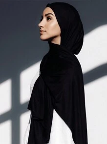 2pcs Set: Jersey Matching Hijab & Undercap, Solid Color Soft, Breathable Modal Fabric, 1 Simple Tube Cap Hijab + 1 Thin Modal Scarf, Suitable For Daily Conservative Use - Black - View 4