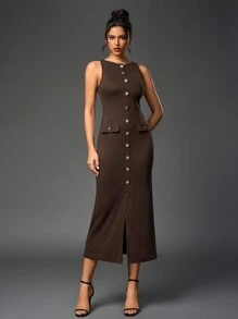 PARTHEA 纯色圆领无袖纽扣门襟紧身长裙