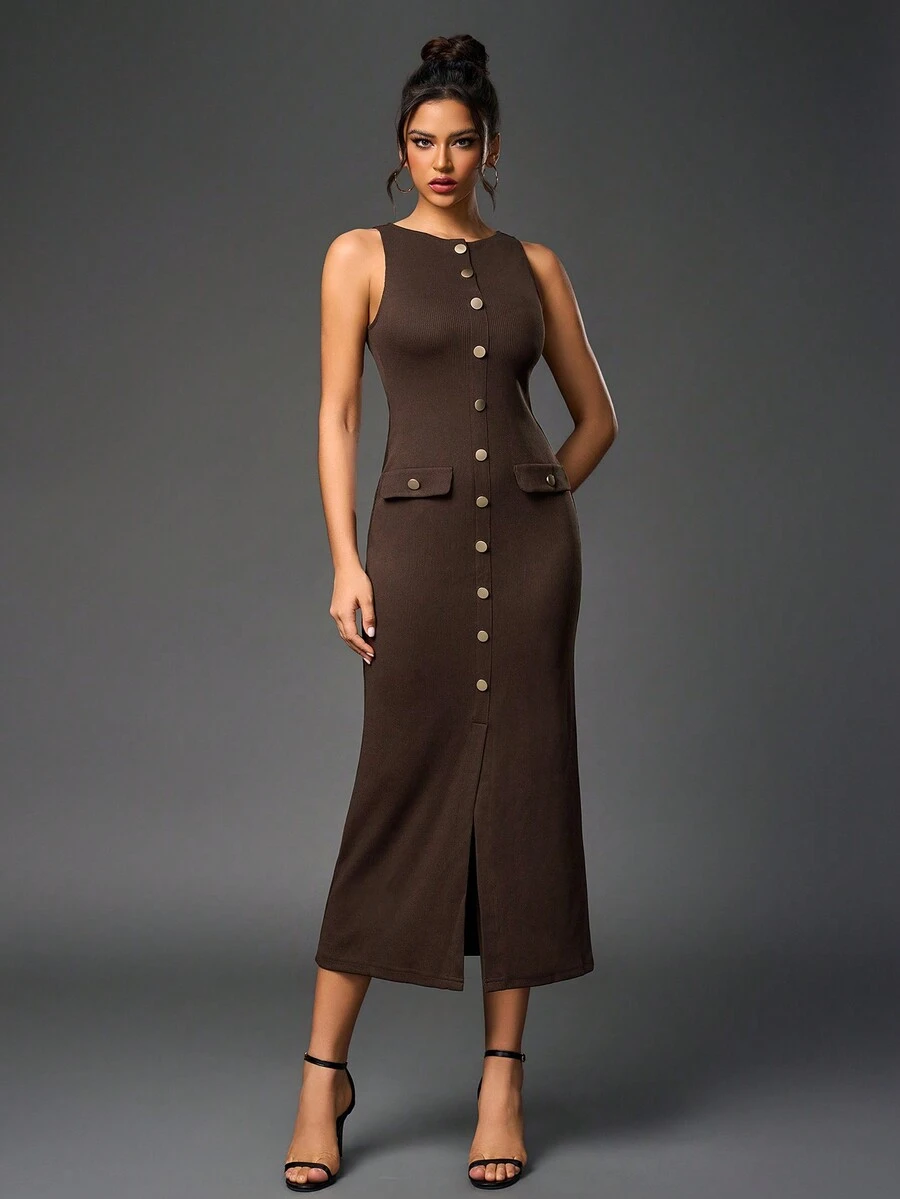 PARTHEA 纯色圆领无袖纽扣门襟紧身长裙