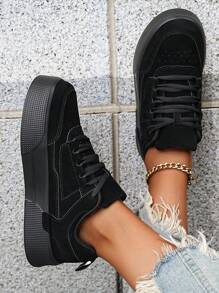 Women's Simple Patchwork Comfortable Versatile Casual Black Flat Shoes, Personalized Outdoor Fashion Business Lace-Up Skateboard Sneakers - Black - View 6