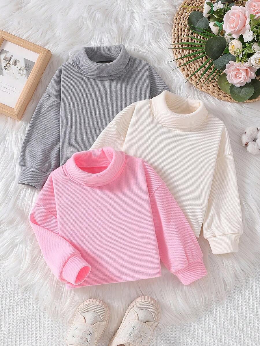 3pcs/Set Baby Girls' Simple Solid Turtleneck Drop Shoulder Long Sleeve Tops, Spring Autumn - Multicolor - View 1