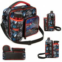 1 件装男孩女孩午餐袋卡通系列午餐袋带水壶袋零食袋可调节肩带适合小学返校旅行和野餐 - 男孩卡通午餐包 - 查看 8