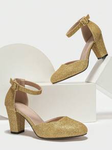 Fall/Winter 2025 Women's Thick Heel Round Toe Hollow-Out High Heel Pumps, Silver Business/Commuting Slip-On Shoes, Elegant, Party Outfits,Platform Heels For Women - Gold - View 7