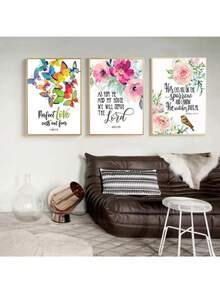 1 件植物圣经诗句海报印刷帆布画蝴蝶花卉基督教壁画励志名言图片适用于家庭房间装饰无框架