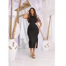 Women's Ribbed Dress With Neckline On Both Sides Of The Waist, Slit On The Leg, Summer Fashion 2025 - 黃色 - 查看 7