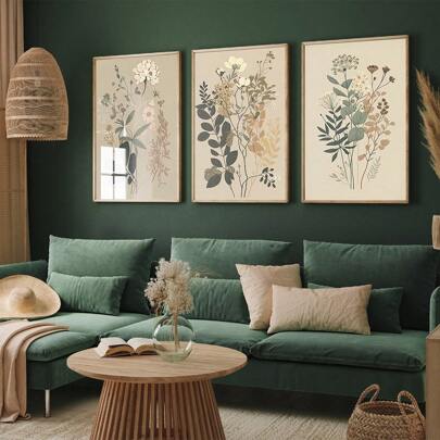 Set de 3 piezas, Colgante de lienzo, Tres conjuntos de estampados florales vintage, 3 conjuntos de plantas florales, Regalo de arte de pared, Margarita y helecho