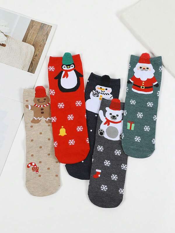 5 par damskich skarpetek świątecznych z bałwankiem, Świętym Mikołajem i innymi zabawnymi wzorami, wygodne i miękkie, sięgające do połowy łydki