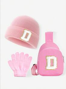 Set de 3 piezas para bebés y niños: Gorro con estampado de 26 letras, guantes y bolsa tipo monedero. Conjunto de ropa de invierno para niñas, apto para uso diario de niñas pequeñas en otoño e invierno. Accesorio de moda con monedero.