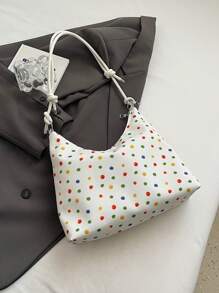 Fashionable Color Blocking Polka Dot Print Large Capacity Zipper Crescent-Shaped Shoulder Bag, Minimalist Crossbody Bag Suitable For Women's Travel - White - View 7