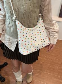 Fashionable Color Blocking Polka Dot Print Large Capacity Zipper Crescent-Shaped Shoulder Bag, Minimalist Crossbody Bag Suitable For Women's Travel - White - View 4