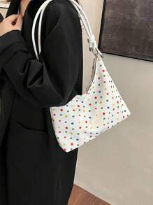Fashionable Color Blocking Polka Dot Print Large Capacity Zipper Crescent-Shaped Shoulder Bag, Minimalist Crossbody Bag Suitable For Women's Travel - White - View 3