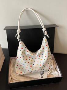 Fashionable Color Blocking Polka Dot Print Large Capacity Zipper Crescent-Shaped Shoulder Bag, Minimalist Crossbody Bag Suitable For Women's Travel - White - View 9