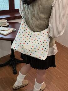 Fashionable Color Blocking Polka Dot Print Large Capacity Zipper Crescent-Shaped Shoulder Bag, Minimalist Crossbody Bag Suitable For Women's Travel - White - View 10