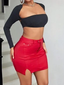 Rave Vintage Asymmetrical Waist Slant Pocket PU Leather Stretchy Bodycon Mini Skirt Music Festival