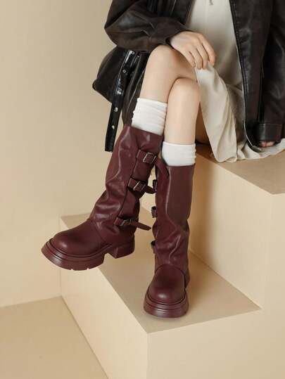 Women's Round Toe Low Heel Solid Color Knee High Boots, Simple And Versatile