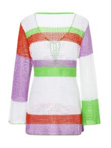 Vestido playero de manga larga con cuello alto y parches de color para mujer, protector solar, corte midi - Blanco - Ver 10