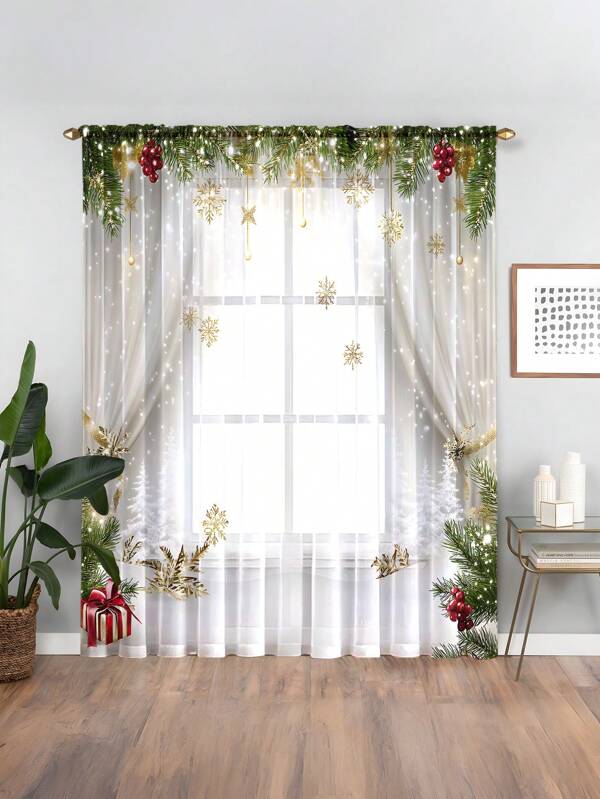 1pc Christmas Decoration Sheer Curtain With Glowing Christmas Tree & Bells, Suitable For Living Room, Bedroom, Kitchen, For Holiday Decoration  Christmas Decor  Christmas Decorations Home Decor Room Decor