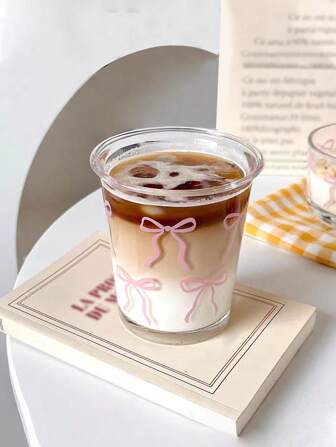 1pc French Style Pink Bowknot Glass Cup, Ins Aesthetic Coffee/Milk Mug Back To School