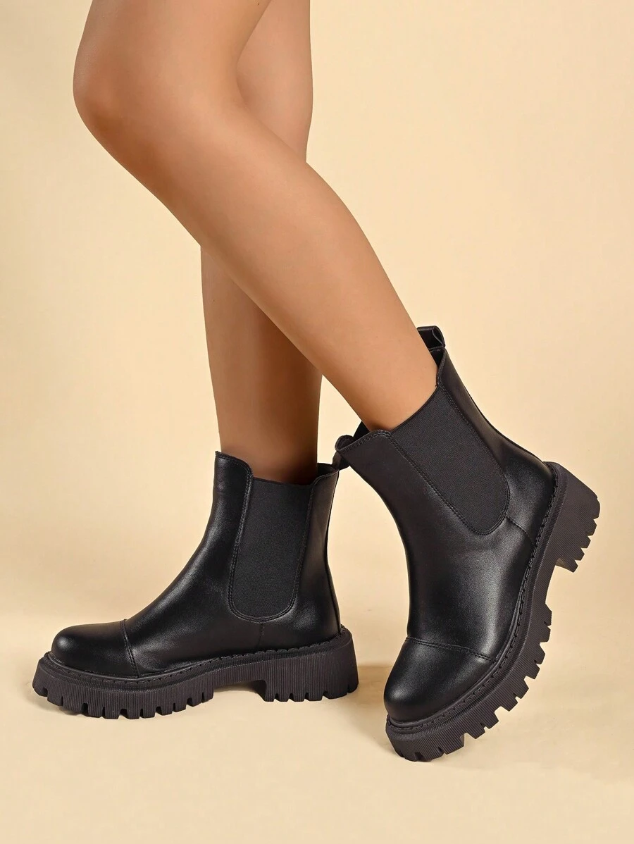 完美搭配毛衣裙、女式踝长一脚蹬皮靴、黑色时尚厚底短靴、高台学院风、秋冬 - 黑色 - 查看 1