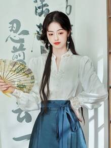 春季中国风白色优雅串珠花卉刺绣山水提花套头衫适合农历新年、日常、街头、通勤、家居等场合穿的汉服上衣唐装 - 白色 - 查看 4