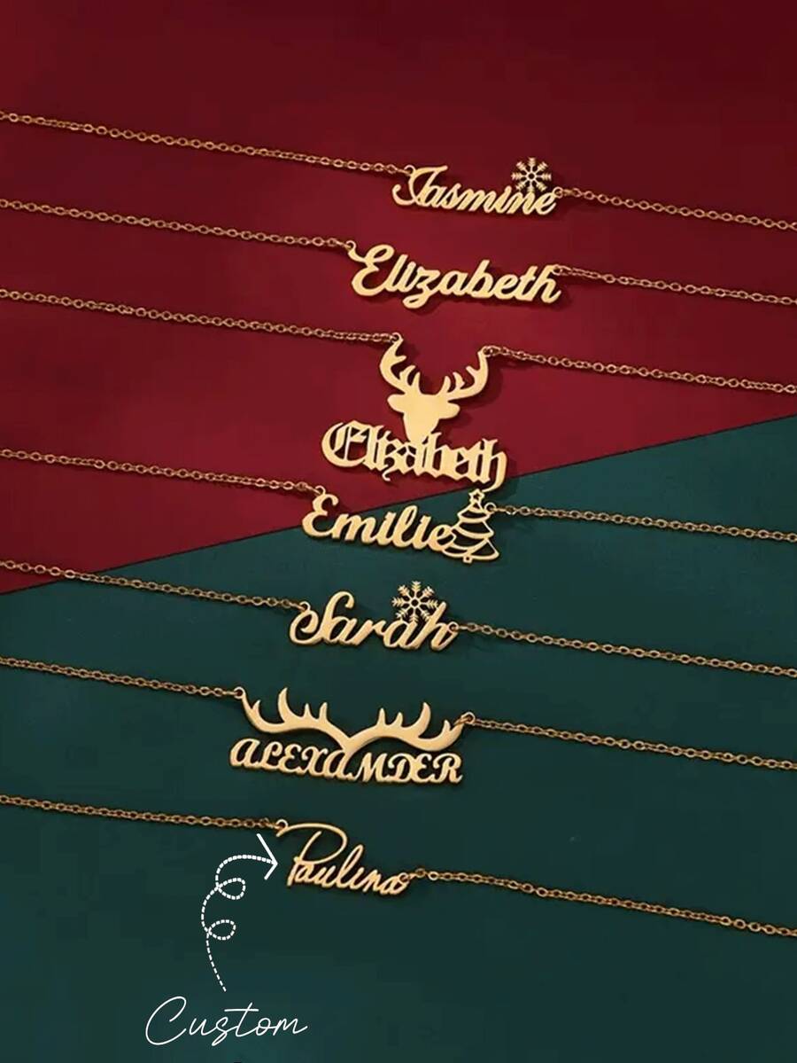 Customized Heart-Shaped Name Necklace With Reindeer, Christmas Tree, And Snowflake Design - Personalized Stainless Steel Jewelry For Women - Perfect Choice For Valentine's Day And Holiday Gifts