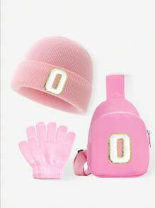 Set de 3 piezas para bebés y niños: Gorro con estampado de 26 letras, guantes y bolsa tipo monedero. Conjunto de ropa de invierno para niñas, apto para uso diario de niñas pequeñas en otoño e invierno. Accesorio de moda con monedero.