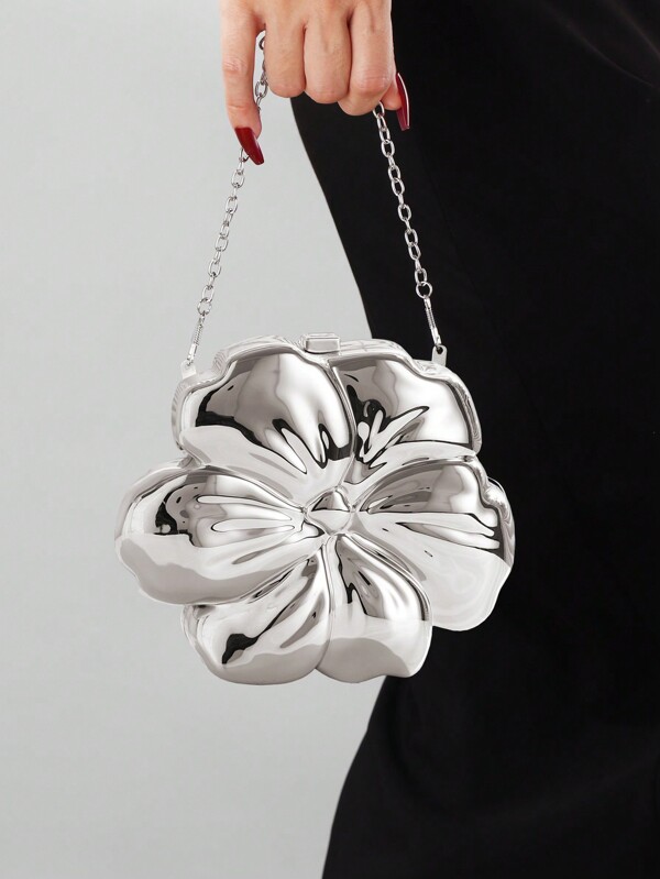 Bolso de mano de noche con forma de flor metálica, accesorio para vestido formal de fiesta de boda, monedero, bolsa para joyas, con correa de cadena desmontable, un regalo elegante para ella