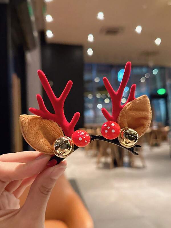 زوج من مشابك الشعر الحمراء في شكل قرني الغزال والأجراس للكريسماس، قطع زينة للرأس بمظهر القرون الجميلة للحفلات،