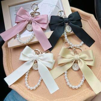 1pc Apricot Bow Knot Keychain Decor, Pearl Chain Key Ring, Bag/Phone Pendant