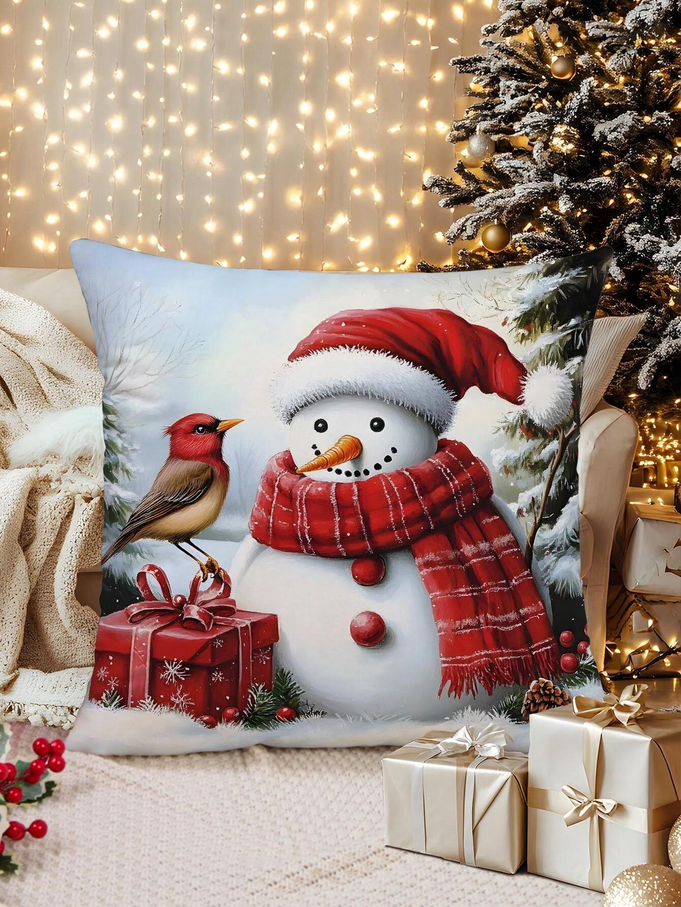 1pc Christmas Snowman Gift Box Design Printed Pillow Case, Minimalist