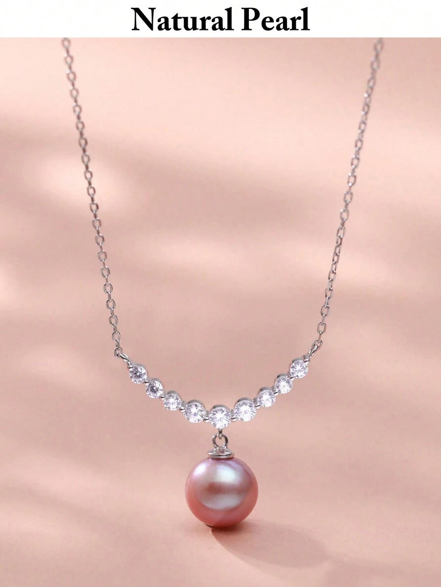 1 chiếc vòng cổ mặt dây chuyền ngọc trai nước ngọt tròn màu tím tự nhiên quý hiếm sang trọng, đường kính 8-9mm, bạc S925, lý tưởng cho phụ nữ sử dụng hàng ngày, hẹn hò, đám cưới, du lịch, quà tặng trang sức chu đáo, hộp - Màu tím - Xem 1