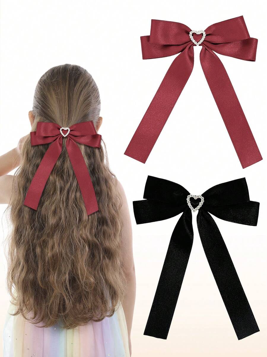 2 piezas Pinzas para el cabello con corazón y lazo con strass para niñas, estilo académico fresco y versátil