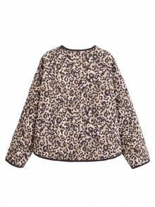 女士休闲豹纹棉服外套秋冬保暖圆领宽松夹克上衣