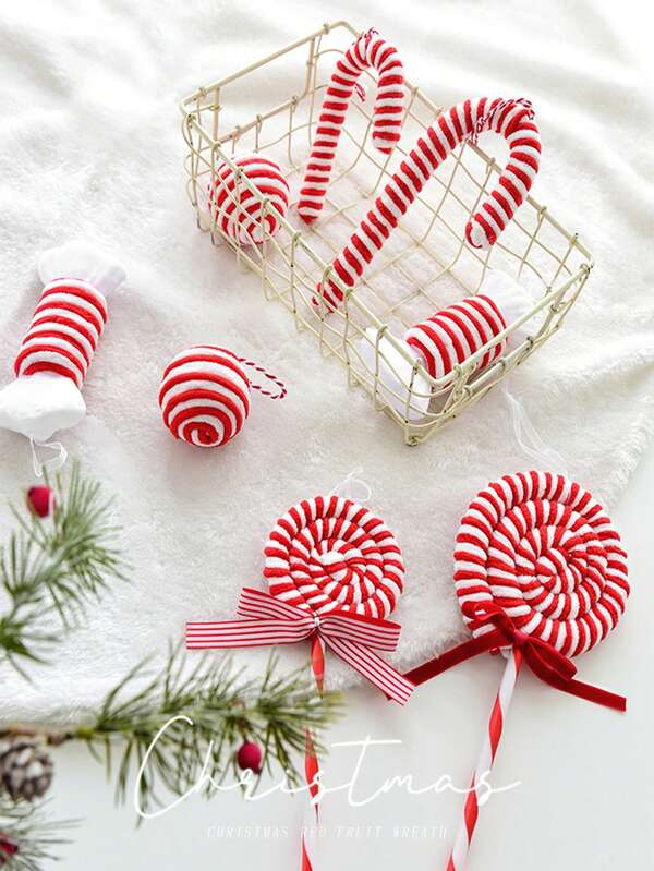 1pc Christmas Cane Candy Decorations Christmas Tree Red And White Velvet Plush Lollipop Hanging Pendants For New Year Xmas Party Home Window Ornaments,Christmas