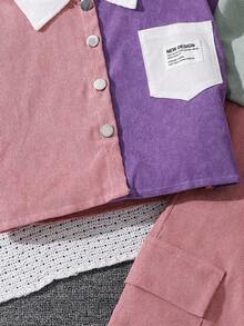 Set de 2 piezas con camisa de manga larga y pantalones cargo de colores multicolor en estilo patchwork para niñas preadolescentes, para primavera y otoño - Rosa - Ver 5