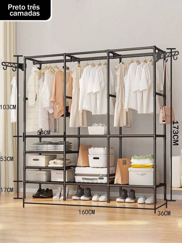Arara De Roupa Cabideiro De Chão Sapateira Rack Organizador Multiuso Aço Inox