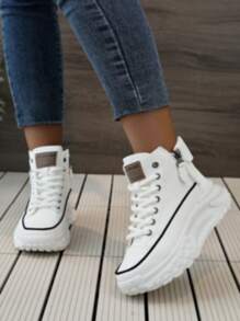女士高帮鞋，2025年新款春秋圆头侧拉链厚底休闲运动鞋，街头时尚 - 白色 - 查看 8