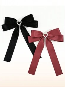 2 piezas Pinzas para el cabello con corazón y lazo con strass para niñas, estilo académico fresco y versátil