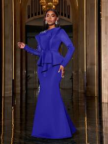 Faeriesty 珍珠装饰美人鱼裙摆正式舞会礼服，优雅长袖晚礼服，适合婚礼宾客、毕业典礼、盛大晚宴及其他场合。