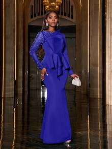 Faeriesty 珍珠装饰美人鱼裙摆正式舞会礼服，优雅长袖晚礼服，适合婚礼宾客、毕业典礼、盛大晚宴及其他场合。