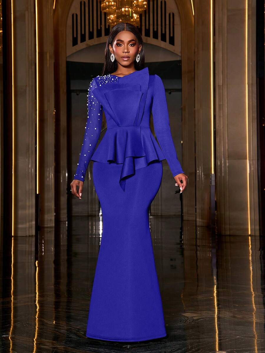 Faeriesty 珍珠装饰美人鱼裙摆正式舞会礼服，优雅长袖晚礼服，适合婚礼宾客、毕业典礼、盛大晚宴及其他场合。