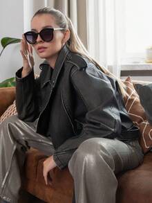 女式长袖 PU 皮革西部牛仔风格夹克，时尚设计，宽松版型，百搭秋季