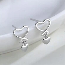 2 piezas Pendientes de botón con forma de corazón de plata de ley 925 y pendientes colgantes, diseño simple y elegante para uso diario para mujeres, San Valentín