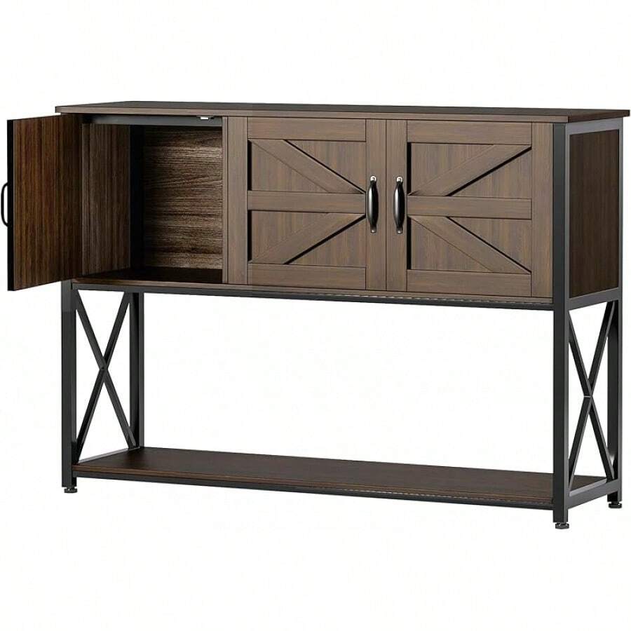 Farmhouse Console Table With 3 Barn Doors, 46" Modern Entryway Table With Spacious Storage Cabinet And Bottom Shelf, Wood Rustic Sofa Table For Entryway Or Living Room, Deep Rustic Brown - 白色 - 查看 1